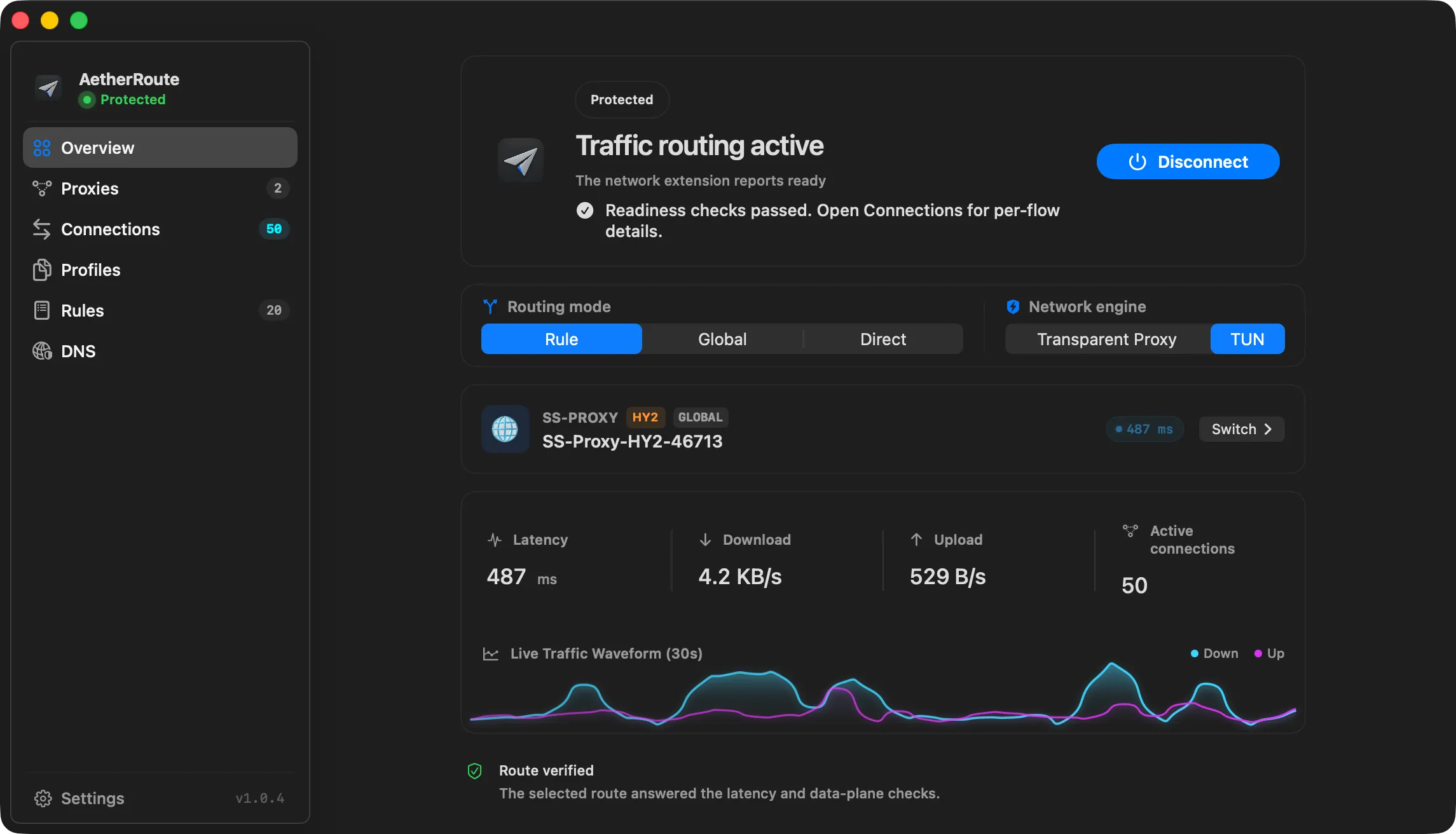 AetherRoute — Dark mode